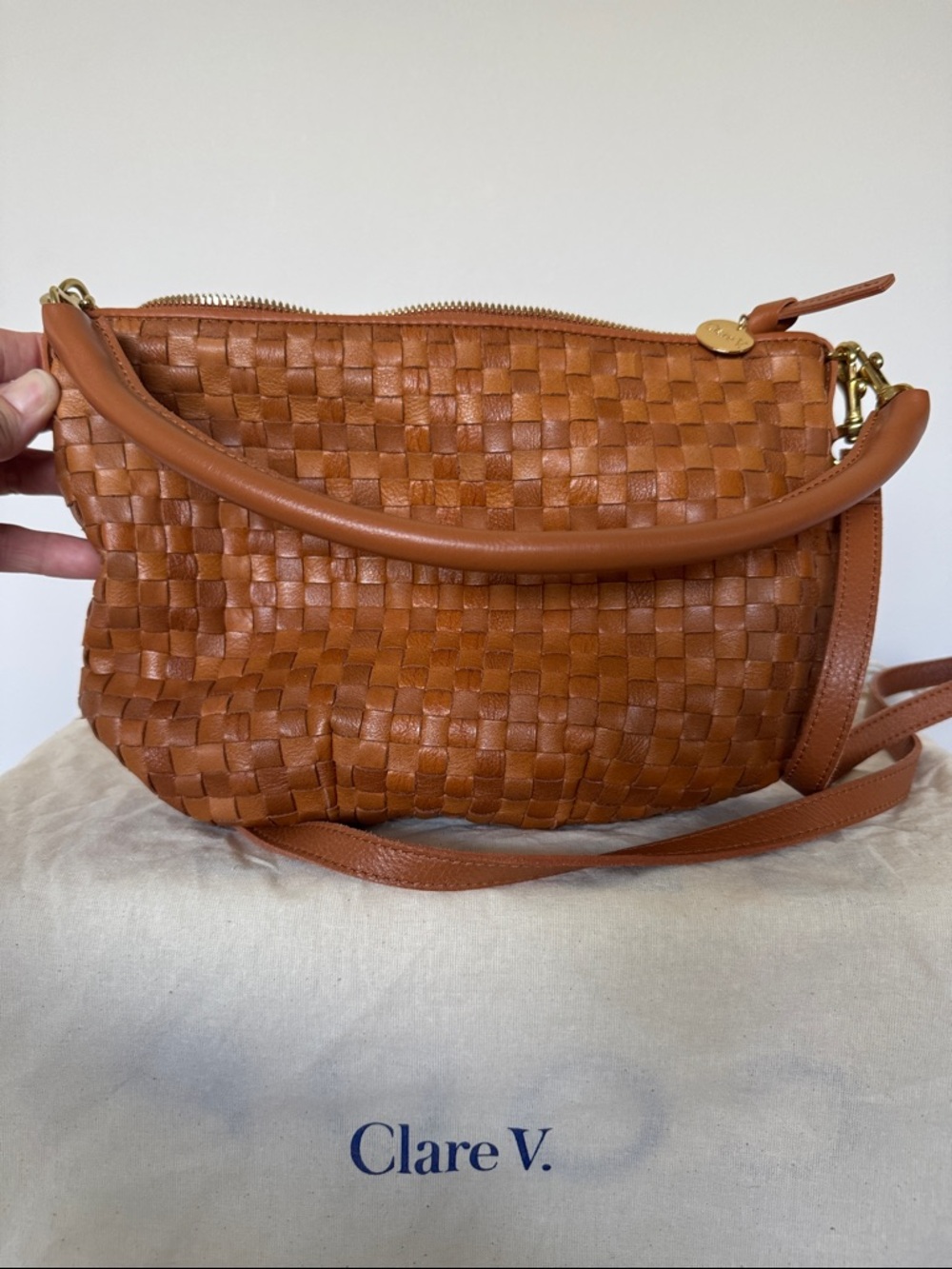 PETIT MOYEN Clare V Woven Leather Crossbody in Cognac Brown